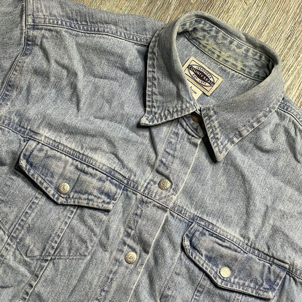 County Seat Denim Shirt Womens L Blue Solid Button Up Long Sleeve Pockets Point